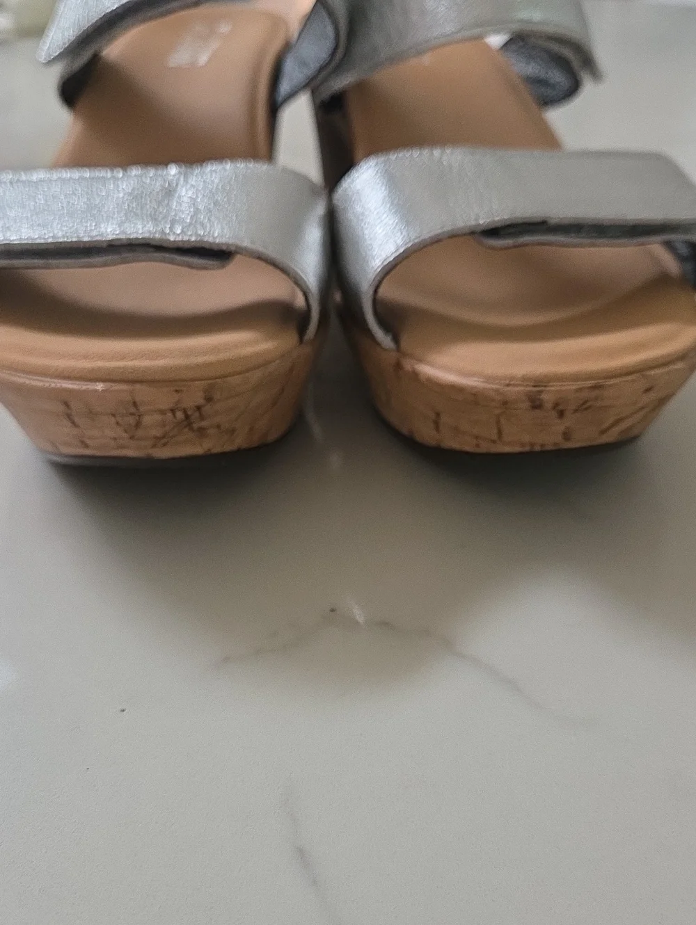 NAOT Leather Silver Cork Wedge Sandals with Double Straps, Size 6 Worn Once!